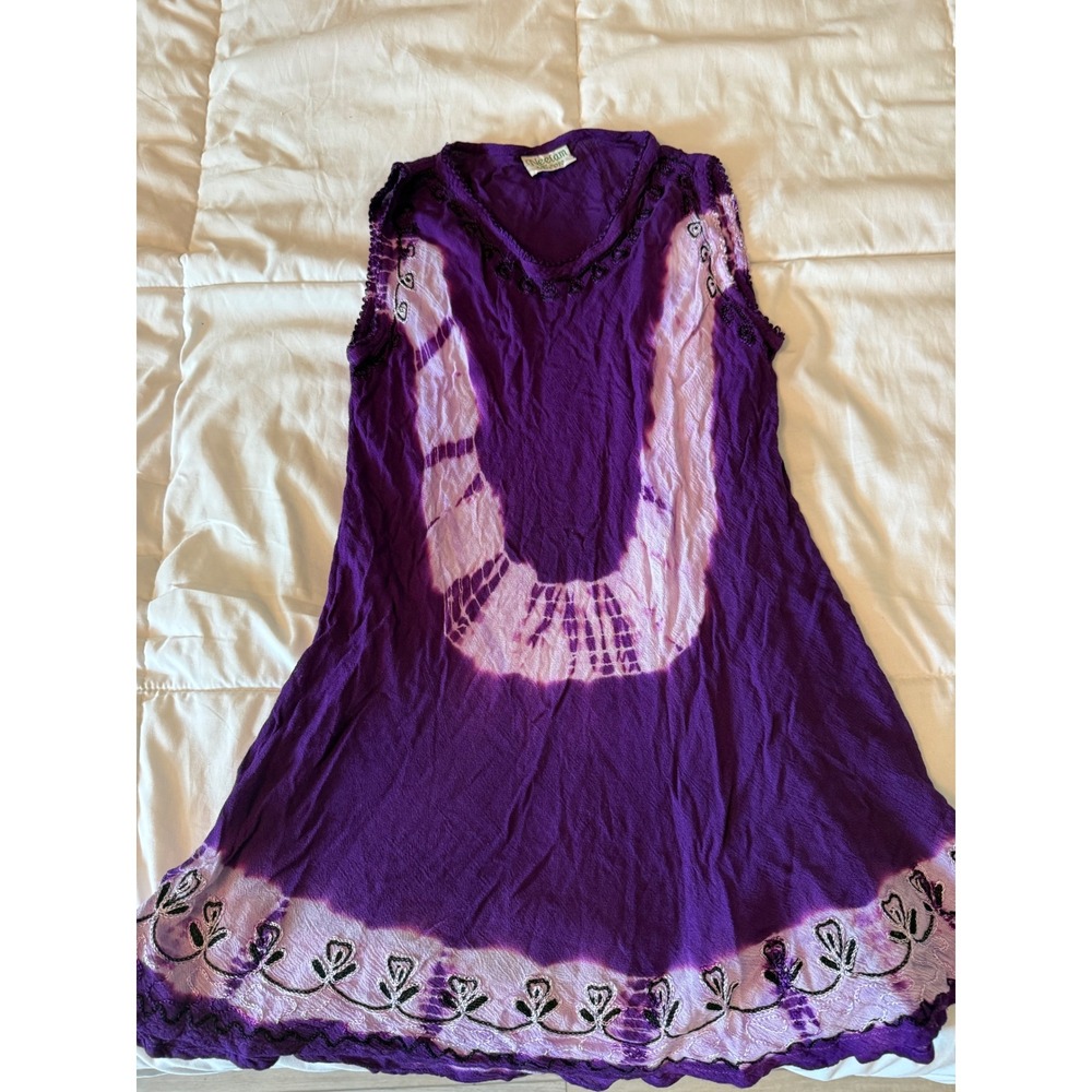 Neelam Purple Tie Dye Embroidered Sleeveless Tunic Top Mini Dress Free Size